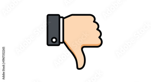 Bold and simple thumbs down icon with a tan hand and a dark grey sleeve indicating disapproval or dislike on a white background.