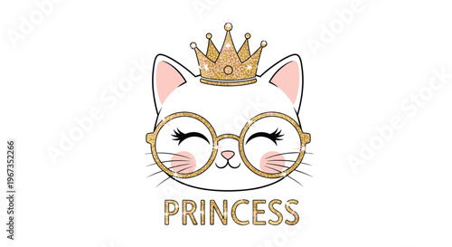 Adorable white cat head wearing a gold glitter crown and round glasses with the word princess written in glittery letters below.