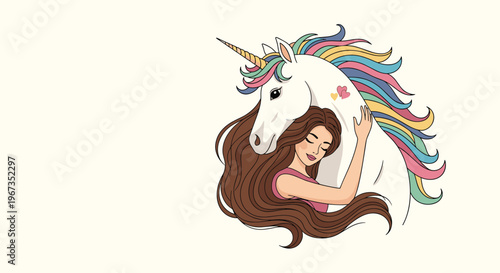 Beautiful long haired girl hugging a majestic white unicorn with a colorful mane against a soft light yellow background with hearts.