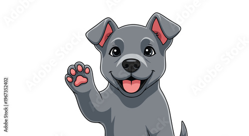 Friendly gray puppy waving its paw with a big smile and happy expression in a cute cartoon style perfect for pet store branding and logos.