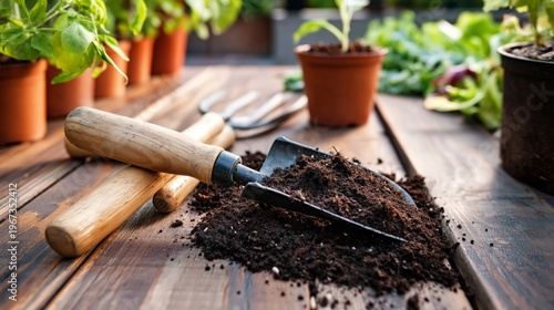 Gardening Tools, Soil, and Plant Pots on a Wooden Table in a Garden During Da...