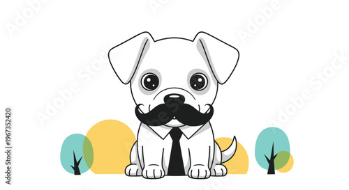 White puppy wearing a black mustache and a necktie standing in front of simplified teal and yellow trees for a humorous pet portrait.