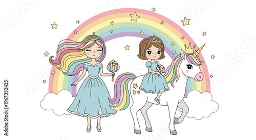 Two young princesses with one riding a white unicorn under a colorful rainbow with stars and clouds for a magical fairytale illustration.