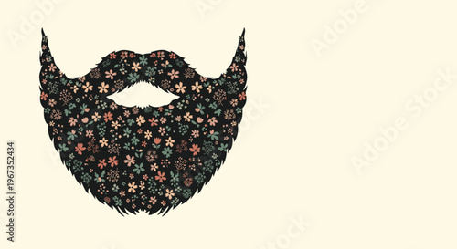 Creative silhouette of a full beard and mustache filled with a vintage floral pattern of small flowers on a light cream background for art.