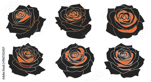 Set of six black roses with bright orange highlights and outlines arranged in two rows for gothic or elegant floral design compositions.