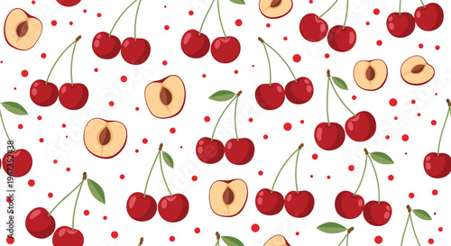 Seamless pattern of vibrant red cherries and sliced cherry halves with green leaves on a white background for food and kitchen decorations.