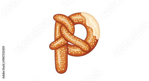 Letter p crafted from a delicious salty pretzel with a swirl of white icing on the top curve for a creative food and bakery themed font.
