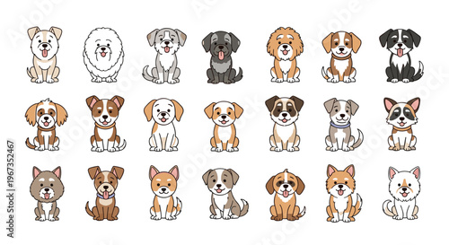 Large grid of twenty-one different dog breeds including huskies and pugs sitting in rows for pet lovers and animal variety representation.