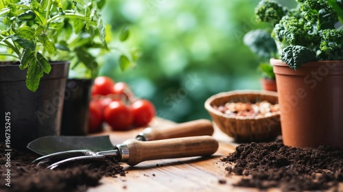 Gardening Tools, Soil, and Plant Pots on a Wooden Table in a Garden During Da...