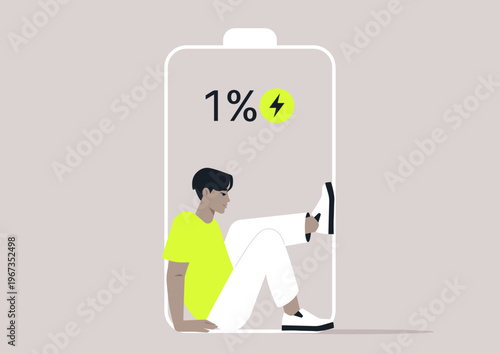 A character representing low energy status sits inside a large battery outline, They appear tired and overwhelmed, symbolizing the burnout and life's demands