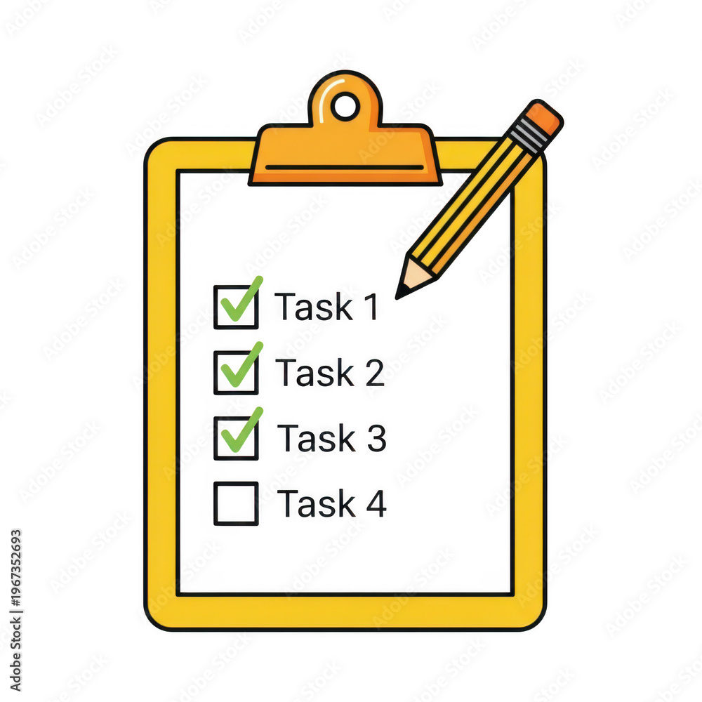 Fototapeta premium A yellow clipboard with a pencil showing a checklist featuring several completed tasks in a row