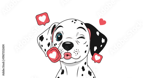 Lovable dalmatian puppy winking and blowing a kiss with heart shaped notification bubbles floating around its cute head.