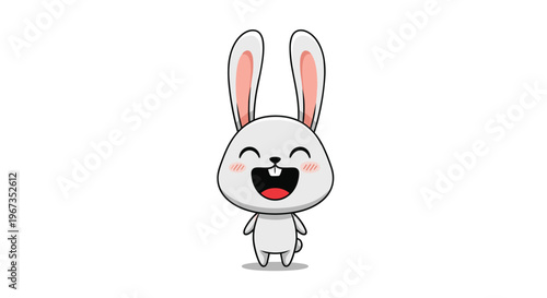 Extremely happy white rabbit bunny standing and laughing with an open mouth and blushing cheeks in a cute cartoon style.