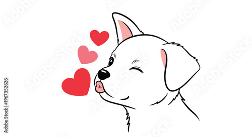 Sweet white puppy dog winking and blowing a kiss with red hearts floating nearby in a romantic and loving cartoon scene.
