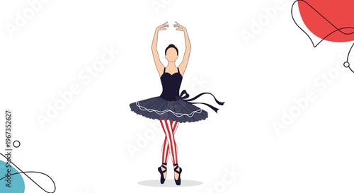 Elegant ballerina performing a graceful dance move wearing a dark tutu and striped tights in a stylized artistic illustration.