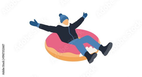 Person wearing winter gear happily sliding down a snowy slope on a pink and orange inflatable donut tube for winter fun.
