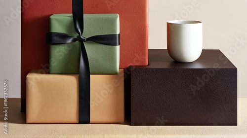Presents Arranged on a Table With a Simple Mug Beside Them in a Bright Setting