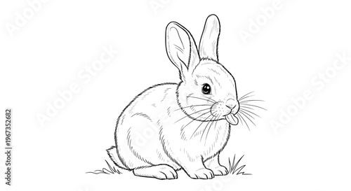 Realistic hand drawn pencil style sketch of a rabbit sitting on a small patch of grass with its tongue sticking out playfully.