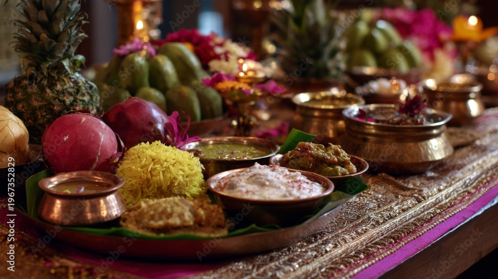 Fototapeta premium Traditional Indian Festival Celebration with Colorful Festive Food Arrangements and Decorative Elements
