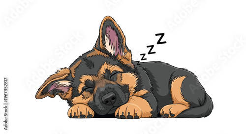 Adorable german shepherd puppy dog sleeping soundly with its eyes closed and small snoring symbols above its cute furry head.