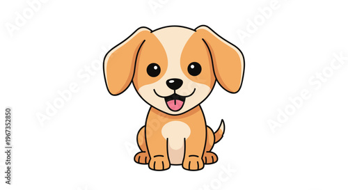 Adorable small brown and white puppy dog sitting down with a happy smiling face and wagging tail in a cartoon illustration.