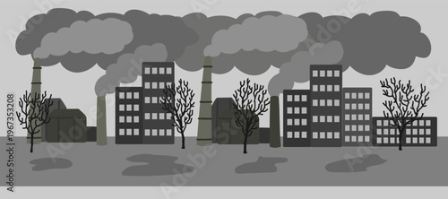 Vector illustration with polluted city with air emissions. Sad city landscape chimneys emit smoke harmful emissions polluted air poor ecology in the city. Air pollution in modern city concept