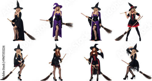 Halloween Witch Character Illustration Set with Broomstick Magic Costume and Stylish Female Witch Collection for Spooky Holiday Design and Fantasy Vector Graphics.