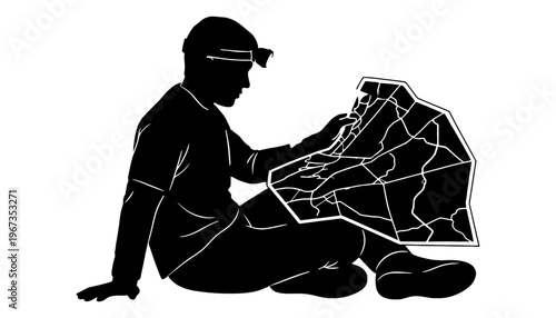 A man wearing virtual reality goggles sits with a map illustration