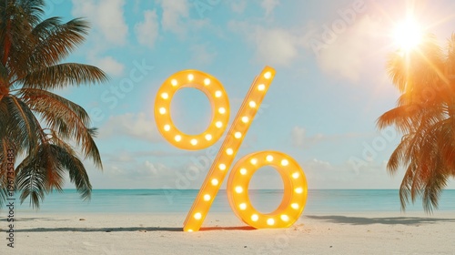 Neon Percentage Sign in the Sand With Palm Trees and Sunset at the Beach