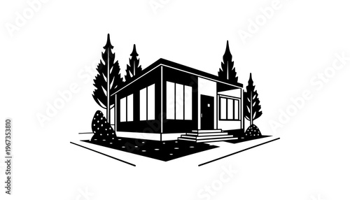 A modern house silhouette illustration with trees and a front yard