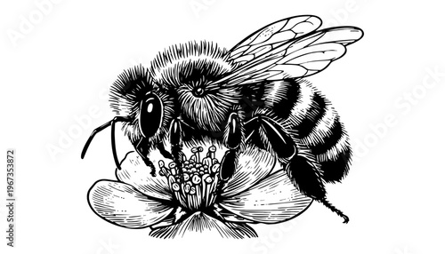 A bee vector illustration collecting nectar from a flower