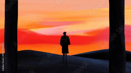 Graduate Stands Alone at Sunset With Cap and Gown on a Hillside