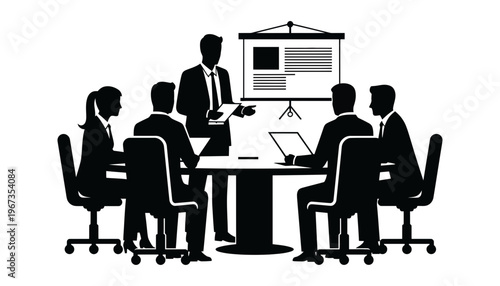 Business team meeting in a conference room with a projector screen