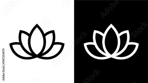 Minimalist lotus flower vector icons, zen lily floral symbols for yoga and wellness branding, black and white botanical line art elements