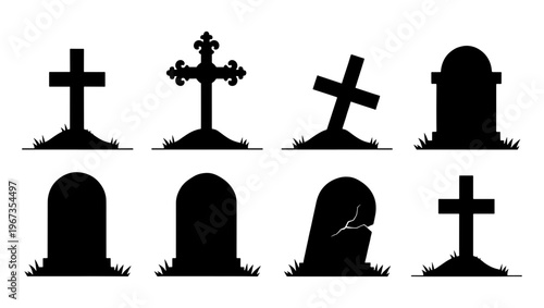 Gothic gravestone silhouette collection, 8 cemetery headstone icons with crosses and tombs, spooky graveyard vector elements for Halloween