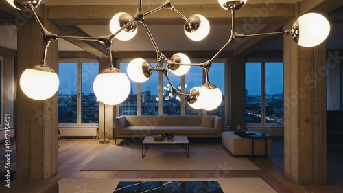 Luxurious modern apartment with city lights view at dusk.