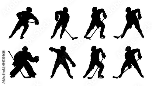 Ice hockey player silhouettes set, 8 professional athlete vector elements in action poses, black hockey figures with sticks and goalie gear