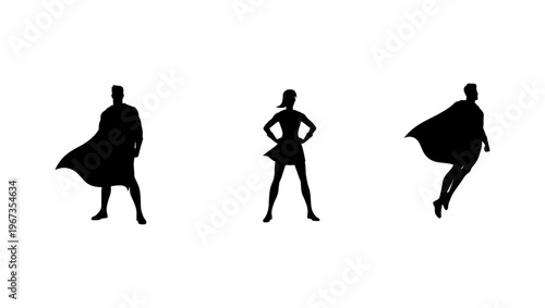 Superhero silhouettes set with capes, heroic male and female characters in powerful poses, flying and standing hero vector icons