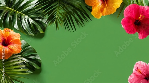 Colorful Hibiscus Flowers and Green Tropical Leaves in a Simple Layout for a Summer Theme