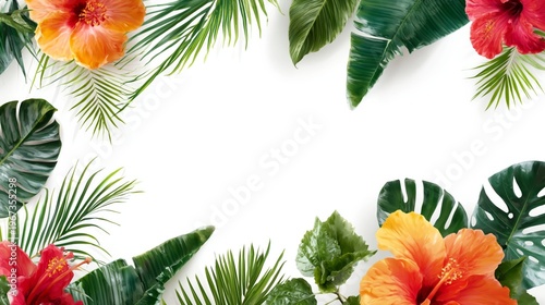 Colorful Hibiscus Flowers and Green Tropical Leaves in a Simple Layout for a Summer Theme