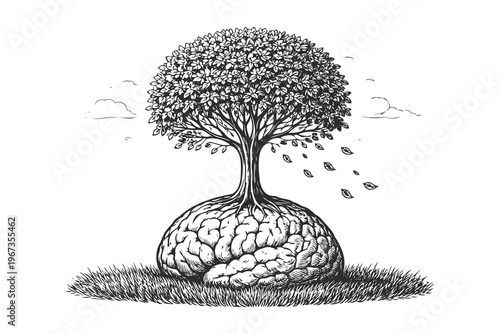 A Tree with Roots Resembling a Human Brain and Birds Flying Away Vector