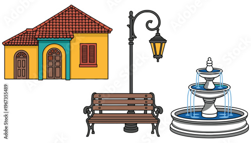A colorful illustration of a house with a bench and fountain