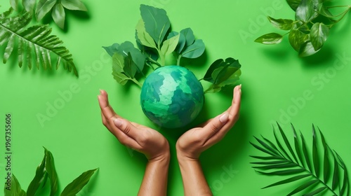 Creative Paper Art Display of the Earth With Green Leaves and Plants in a Vibrant Setting