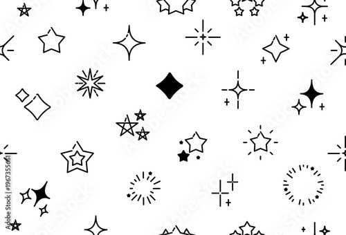 Various Stars and Sparkle Sign Seamless Pattern Background on a White. Vector illustration of Glowing Light Effect