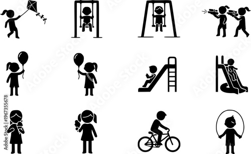 Kids Outdoor Playground Activities and Summer Fun Icons Set for Kindergarten Advertisement and Product Mockup