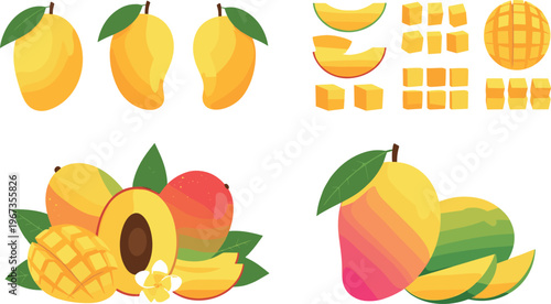 Mango Fruit Illustration Set with Whole Sliced Cubed and Assorted Mango Variations Tropical Food Collection for Healthy Eating and Fresh Fruit Vector Design.