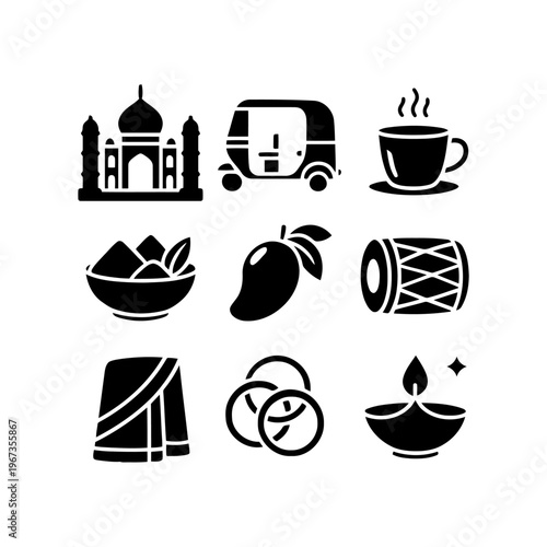 Set of iconic indian symbols like taj mahal and auto rickshaw for design projects, travel brochures, cultural presentations, and educational materials.