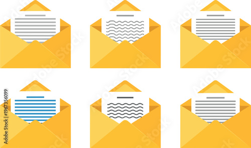 Open Envelope Illustration Set with Letter Papers Mail Messages Communication Concept for Email Marketing Office Correspondence and Business Vector Design.
