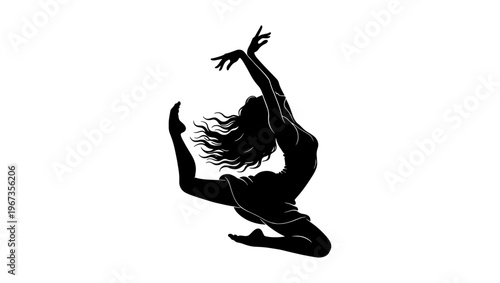 Graceful dancer silhouette in expressive motion, elegant female ballet performer vector, artistic contemporary dance pose on white background