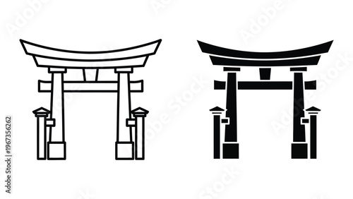 Comparison of traditional and modern torii gate designs in black and white illustration